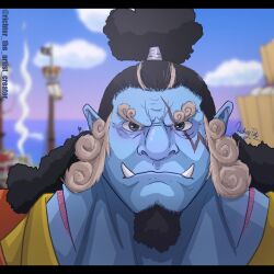 Rule 34 | 1boy, artist name, black eyes, black hair, blue skin, closed mouth, colored skin, commentary, curly eyebrows, english commentary, facial hair, fish boy, goatee, high ponytail, highres, instagram username, jinbe (one piece), letterboxed, long hair, looking at viewer, male focus, one piece, outdoors, ponytail, portrait, richter 524, scar, scar across eye, scar on face, sharp teeth, signature, solo, teeth, tusks