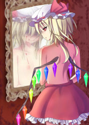 Rule 34 | 1girl, bad id, bad pixiv id, blonde hair, blood, different reflection, dual persona, female focus, flandre scarlet, flat chest, hat, mirror, one side up, ponytail, red eyes, reflection, shie, shie (m417), short hair, side ponytail, skirt, solo, embodiment of scarlet devil, topless, touhou, wings