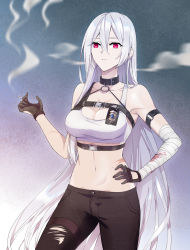 Rule 34 | 1girl, armlet, armpits, azur lane, bandaged arm, bandages, bare shoulders, black gloves, black pants, blood, bloody bandages, blowing smoke, breasts, choker, cigarette, cleavage, collarbone, commentary, crop top, english commentary, gloves, hair between eyes, hand on own stomach, highres, large breasts, long hair, midriff, mole, mole under eye, multiple straps, navel, pants, parted lips, police badge, red eyes, scar, smoke, smoking, solo, sovetskaya rossiya (azur lane), sovetskaya rossiya (the lackadaisical lookout) (azur lane), standing, suprii, tank top, thigh strap, torn clothes, torn pants, very long hair, white tank top