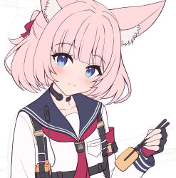 Rule 34 | animal ears, armband, blue archive, blue eyes, blunt bangs, breast pocket, breasts, chopsticks, closed mouth, collarbone, commentary request, food, fox ears, inarizushi, looking at viewer, medium hair, niko (blue archive), pink hair, pocket, portrait, red armband, sakura ani, school uniform, simple background, small breasts, smile, sushi, tactical clothes, white background