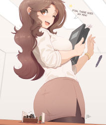 Rule 34 | 1boy, 1girl, ass, black hair, bracelet, breasts, brown eyes, brown hair, brown skirt, computer, cubicle, desk, dropping, earrings, english text, highres, holding, holding notepad, indoors, jewelry, large breasts, long hair, looking down, mini person, miniboy, mole, mole under eye, notepad, office lady, one eye closed, open mouth, original, panties, pantyhose, pantylines, pen, pencil skirt, plant, raps (yohomeboyraps), shirt, size difference, skirt, thighs, underwear, white shirt