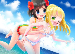 Rule 34 | 2girls, absurdres, angry, arm up, ass, bare shoulders, bikini, bikini top lift, black hair, blonde hair, blue background, blue eyes, bluebird (bluebird90), blush, bow, braid, breasts, cleavage, clothes lift, cloud, collarbone, creatures (company), feet, flower, french braid, game freak, grabbing, grabbing another&#039;s breast, green bikini, green eyes, hair flower, hair ornament, hand under bikini, hand under clothes, hands up, highres, jumping, lillie (pokemon), looking back, medium breasts, multiple girls, navel, nintendo, ocean, one eye closed, open mouth, outdoors, poke ball, pokemon, pokemon sm, red flower, selene (pokemon), short hair, sky, smile, standing, swimsuit, teeth, thighs, untied bikini, wardrobe malfunction, water, white bikini, white bow, wink, yuri