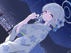 Rule 34 | 1girl, alternate costume, alternate hairstyle, blue archive, blue flower, braid, closed mouth, floral print, flower, hair flower, hair ornament, halo, headset, highres, japanese clothes, kimono, long sleeves, looking at viewer, night, night sky, noa (blue archive), obi, outdoors, purple eyes, reia 76, sash, short hair, sky, smile, solo, star (sky), starry sky, white hair, white kimono, yukata