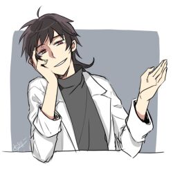Rule 34 | 1boy, brown hair, commentary request, grey sweater, hand on own cheek, hand on own face, hand up, harada minoru, lab coat, long sleeves, looking at viewer, male focus, mullet, open clothes, red eyes, saibou shinkyoku, signature, smile, solo, sweater, tokusa riko, turtleneck, turtleneck sweater, upper body