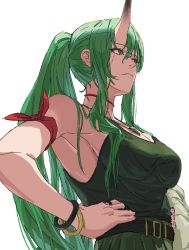 Rule 34 | 1girl, arknights, arm scarf, armpits, bare shoulders, belt, black belt, bracelet, breasts, cleavage, from below, ganamiya8, green eyes, green hair, green skirt, green tank top, hand on own hip, high ponytail, highres, horns, hoshiguma (arknights), jewelry, large breasts, neck ribbon, pleated skirt, ribbon, sidelocks, single horn, skin-covered horns, skirt, tank top, white background