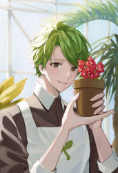 Rule 34 | 1boy, apron, blurry, botanical garden, brown shirt, buttons, collared shirt, cookie run, depth of field, eyebrows, flower, food, green eyes, green hair, herb cookie, highres, humanization, leaf, looking at viewer, male focus, personification, plant, potted plant, rowon, shirt, short hair, smile, solo