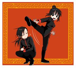 Rule 34 | 1boy, 1girl, ^ ^, black eyes, black footwear, black hair, black pants, black shirt, boots, border, chinese clothes, closed eyes, closed mouth, full body, fullmetal alchemist, hair bun, highres, kicking, knee boots, korean commentary, lan fan, ling yao, long hair, long sleeves, looking away, low ponytail, open mouth, outside border, pants, pants tucked in, ponytail, red background, shirt, shoe soles, sideways glance, single hair bun, smile, squatting, standing, standing on one leg, sweatdrop, tosisulsa, updo