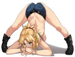 Rule 34 | 1girl, ass, bandeau, bare shoulders, black footwear, blonde hair, blue shorts, blush, boots, braid, breasts, butt crack, cutoffs, denim, denim shorts, fate/apocrypha, fate (series), female focus, flexible, french braid, full body, green eyes, hair ornament, hair scrunchie, hands on ground, highres, jack-o&#039; challenge, long hair, looking at viewer, meme, mordred (fate), mordred (fate/apocrypha), parted bangs, ponytail, scrunchie, short shorts, shorts, sidelocks, simple background, small breasts, smile, solo, spread legs, stretching, todding, top-down bottom-up, wide spread legs