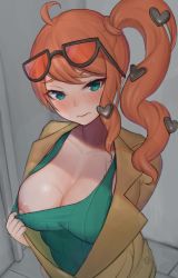 Rule 34 | 1girl, ahoge, blush, breasts, cleavage, closed mouth, clothes pull, coat, collarbone, commentary request, creatures (company), eyelashes, eyewear on head, game freak, gatchan, green eyes, hair ornament, heart, heart hair ornament, highres, long hair, looking at viewer, nintendo, nipples, one breast out, orange hair, pokemon, pokemon swsh, self exposure, shiny skin, shirt pull, side ponytail, solo, sonia (pokemon), sunglasses, sweat, sweatdrop