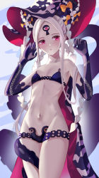 Rule 34 | 1girl, abigail williams (fate), abigail williams (swimsuit foreigner) (fate), abigail williams (swimsuit foreigner) (first ascension) (fate), bare shoulders, bikini, black bikini, black bow, blush, bow, breasts, collarbone, colored skin, double bun, fate/grand order, fate (series), forehead, hair bun, he c92, highres, keyhole, long hair, looking at viewer, multiple bows, navel, open mouth, orange bow, parted bangs, pink eyes, sidelocks, small breasts, swimsuit, tentacles, thighs, third eye, very long hair, white hair, white skin