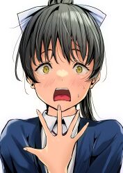 Rule 34 | 1girl, absurdres, black hair, blue jacket, blush, bow, collared shirt, commentary request, furrowed brow, hair bow, hazuki ren, high ponytail, highres, jacket, long hair, looking at viewer, love live!, love live! superstar!!, ponytail, school uniform, shirt, solo, sweat, tommer, upper body, white background, white bow, white shirt, winter uniform, yellow eyes, yuigaoka school uniform