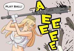 Rule 34 | bad id, bad twitter id, blonde hair, breasts, browning m2, cleavage, dog tags, english text, gear (gearba50), girls&#039; frontline, gloves, gun, hat, heavy machine gun, highres, holding, holding weapon, improvised weapon, long hair, m2hb (girls&#039; frontline), machine gun, midriff, military, solo focus, weapon