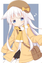 Rule 34 | 1girl, :3, animal ears, ayanepuna, bag, beret, black skirt, blue eyes, blush, bow, brown hat, brown jacket, closed mouth, collared shirt, colored eyelashes, dress shirt, eighth note, grey background, hat, hat bow, highres, jacket, long hair, long sleeves, looking at viewer, musical note, open clothes, open jacket, original, pleated skirt, shio (ayanepuna), shirt, shoulder bag, silver hair, skirt, sleeves past fingers, sleeves past wrists, smile, solo, tail, thighhighs, two-tone background, very long hair, white background, white shirt, white thighhighs, yellow bow