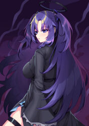 Rule 34 | 1girl, alternate costume, black background, black dress, blue archive, braid, commentary request, cosplay, dark persona, dress, eyes visible through hair, flareza, from behind, hair ornament, halo, highres, long hair, long sleeves, looking at viewer, looking back, parted bangs, parted lips, purple eyes, purple hair, shiroko (blue archive), shiroko terror (blue archive), shiroko terror (blue archive) (cosplay), side slit, sidelocks, simple background, single braid, solo, thigh strap, two side up, wide sleeves, yuuka (blue archive)