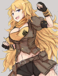 Rule 34 | 1girl, arm up, belt, black gloves, black shorts, blonde hair, breasts, brown jacket, buckle, buttons, cleavage, clenched hands, cowboy shot, eyebrows, fingerless gloves, gloves, grey background, jacket, large breasts, long hair, looking at viewer, midriff, navel, open mouth, puffy short sleeves, puffy sleeves, purple eyes, raikou (gotaishu), rwby, scarf, short sleeves, shorts, simple background, sketch, smile, solo, standing, stomach, strapless, tube top, waist cape, yang xiao long, yellow scarf