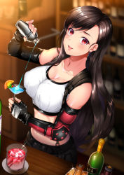 Rule 34 | 1girl, absurdres, alcohol, bar (place), bare shoulders, bartender, blush, breasts, brown hair, cup, drink, drinking glass, earrings, elbow gloves, final fantasy, final fantasy vii, final fantasy vii remake, fingerless gloves, gloves, highres, jewelry, large breasts, looking at viewer, open mouth, seventh heaven, shaker, skirt, smile, solo, sparkle, square enix, suspender skirt, suspenders, tank top, tavern, tifa lockhart, uzura (moimoi)