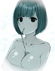 Rule 34 | 1girl, bare shoulders, black eyes, blunt bangs, bob cut, bracketarrow (1326179361), breast lift, breasts, bubble tea, bubble tea challenge, bust cup, collarbone, drinking straw, drinking straw in mouth, highres, large breasts, monochrome, original, short hair, simple background, solo, upper body, white background