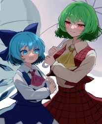 Rule 34 | 2girls, :d, absurdres, ascot, blue bow, blue eyes, blue hair, blue skirt, blue vest, bow, cirno, closed mouth, collared shirt, commentary, cosplay, detached wings, green hair, hair bow, highres, holding, holding umbrella, ice, ice wings, kazami yuuka, kazami yuuka (cosplay), long sleeves, looking at another, mikan (manmarumikan), multiple girls, open mouth, plaid, plaid skirt, plaid vest, red ascot, red eyes, red skirt, red vest, shirt, short hair, simple background, skirt, smile, touhou, umbrella, vest, white background, white shirt, wings, yellow ascot
