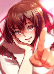 Rule 34 | 10s, 1girl, bifidus, brown eyes, brown hair, colorized, commentary request, hair between eyes, hair ribbon, hand on own face, ise (kancolle), japanese clothes, kantai collection, light rays, looking at viewer, pointing, pointing at viewer, ponytail, ribbon, smile, solo