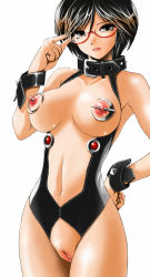 Rule 34 | 1girl, adjusting eyewear, bdsm, black hair, breastless clothes, breasts, brown eyes, collar, crotchless, cuffs, fuchida kyou, glasses, hand on own hip, large breasts, looking at viewer, nipple piercing, nipples, piercing, pussy, serious, short hair, simple background, solo, uncensored, white background