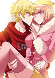 Rule 34 | 1boy, 1girl, ando ruruka, beanie, blonde hair, blue eyes, blush, bow, breasts, carrying, coat, commentary, commentary request, couple, criis-chan, danganronpa (series), danganronpa 3 (anime), eye contact, fur-trimmed jacket, fur trim, hair between eyes, hat, hetero, hood, izayoi sounosuke, jacket, looking at another, medium breasts, one eye closed, pink hair, pink jacket, pink thighhighs, princess carry, profile, purple eyes, red eyes, red jacket, short hair, shorts, simple background, smile, symbol-only commentary, thighhighs, tumblr username, watermark, web address, white bow, yellow shorts