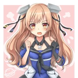 Rule 34 | 1girl, black gloves, blush, breasts, collarbone, elbow gloves, gloves, hair between eyes, hair ornament, headgear, highres, johnston (kancolle), kantai collection, light brown hair, long hair, medium breasts, off shoulder, open mouth, orange eyes, sailor collar, school uniform, serafuku, single glove, solo, star (symbol), twintails, two side up, yu cha
