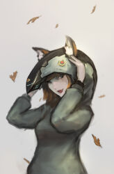 Rule 34 | 1girl, amarr empire (eve online), animal ear fluff, animal ears, apocalypse (eve online), attack ship (eve online), battleship (eve online), breasts, brown hair, commentary, eve online, falling leaves, fang, fox ears, fox girl, grey background, grey eyes, hands up, head tilt, hood, leaf, long sleeves, looking at viewer, medium breasts, medium hair, open mouth, shaded face, smile, solo, tabnir, upper body