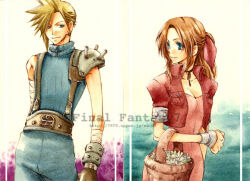 Rule 34 | 110 tkmr, 1boy, 1girl, aerith gainsborough, armor, bandaged arm, bandages, basket, belt, blonde hair, blue pants, blue shirt, bracelet, braid, breasts, brown hair, choker, cleavage, cloud strife, cropped jacket, dress, earrings, final fantasy, final fantasy vii, flower basket, gloves, hair ribbon, holding, holding basket, jacket, jewelry, long hair, looking at another, medium breasts, necklace, pants, parted bangs, pink dress, pink ribbon, puffy short sleeves, puffy sleeves, red jacket, ribbon, shirt, short hair, short sleeves, shoulder armor, sidelocks, single earring, smile, spiked hair, square enix, suspenders, upper body