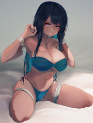 Rule 34 | 1girl, bandeau, bed sheet, bikini, black hair, blue bikini, blue hair, bound, bound arms, bound legs, breasts, cleavage, closed mouth, commentary, dark-skinned female, dark skin, frown, full body, grey background, half-closed eyes, highres, large breasts, long hair, looking at viewer, multicolored hair, navel, on bed, original, purple eyes, side-tie bikini bottom, sitting, solo, strapless, strapless bikini, susumu, swimsuit, thighs, two-tone hair, wariza