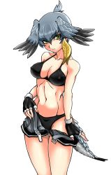Rule 34 | 10s, 1girl, bad id, bad pixiv id, bare arms, bare legs, bare shoulders, belt, bikini, bikini under clothes, bird tail, bird wings, black bikini, black gloves, breasts, cleavage, closed mouth, collarbone, covered erect nipples, cowboy shot, expressionless, feathered wings, fingerless gloves, gloves, green eyes, grey hair, hair between eyes, head tilt, head wings, highres, kemono friends, long hair, looking at viewer, low ponytail, medium breasts, multicolored hair, navel, open belt, open clothes, open fly, open shorts, orange hair, saijou k, shoebill (kemono friends), shorts, side ponytail, simple background, solo, standing, stomach, swimsuit, tail, toned, tsurime, unbuckled, undressing, unzipped, white background, wings, zipper, zipper pull tab