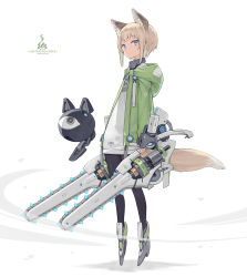Rule 34 | 1girl, animal ears, armored boots, blonde hair, blue eyes, boots, chainsaw, dual wielding, fox ears, fox tail, from side, highres, holding, hood, hood down, hooded jacket, jacket, looking at viewer, open clothes, open jacket, original, poco (asahi age), short hair, tail, white background, zipper pull tab