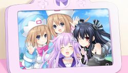 Rule 34 | 10s, 4girls, absurdres, bare shoulders, black hair, blue eyes, blush, brown hair, d-pad, closed eyes, game cg, hair ornament, hat, highres, long hair, looking at viewer, multiple girls, nepgear, neptune (series), official art, one eye closed, open mouth, photo (object), picture frame, purple hair, ram (neptunia), red eyes, rom (neptunia), short hair, siblings, sisters, smile, tsunako, twins, twintails, two side up, uni (neptune series)