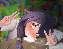 Rule 34 | 1girl, ahoge, bags under eyes, black hair, blush, brown eyes, clenched teeth, cocaine, commission, crying, crying with eyes open, double v, drugged, drugs, female focus, fingernails, foaming at the mouth, grin, kantai collection, long hair, looking at viewer, mimizuki90, school uniform, serafuku, smile, snot, solo, table, taigei (kancolle), tears, teeth, tongue, tongue out, upper body, v, wide-eyed