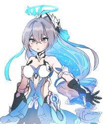Rule 34 | 1girl, 5rwpvc, bare shoulders, black gloves, blue dress, blue hair, blush, breasts, bronya zaychik, bronya zaychik (herrscher of truth), cleavage, collarbone, commentary request, dress, gloves, grey eyes, grey hair, halo, highres, honkai (series), honkai impact 3rd, korean commentary, long hair, looking at viewer, medium breasts, multicolored hair, outstretched arm, parted lips, red pupils, ringlets, sidelocks, simple background, solo, two-tone hair, very long hair, white background