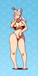 Rule 34 | 1girl, bikini, breasts, highres, jewelry, large breasts, necklace, nintendo, paya (zelda), solo, swimsuit, tagme, the legend of zelda, the legend of zelda: breath of the wild, triforce, white hair, wide hips
