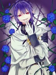 Rule 34 | 10s, 1boy, bad id, bad pixiv id, blue flower, blue hair, blue rose, cape, capelet, fangs, flower, gloves, lacus welt, long hair, male focus, nukominto, open mouth, owari no seraph, pointy ears, ponytail, rose, solo, thorns, upper body