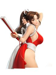 Rule 34 | 1girl, arm behind head, arm up, bare shoulders, breasts, brown eyes, brown hair, cleavage, closed mouth, copyright notice, fatal fury, female focus, folded fan, folding fan, from behind, hand fan, hand up, high ponytail, highres, holding, holding fan, japanese clothes, large breasts, lips, lipstick, long hair, looking at viewer, looking back, makeup, ninja, official art, parted bangs, pelvic curtain, ponytail, revealing clothes, rope, shiranui mai, sideboob, simple background, smile, snk, solo, standing, the king of fighters, thighs, transparent background, white background, wristband