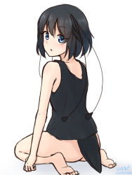 Rule 34 | 1girl, :o, alternate costume, bare arms, bare shoulders, barefoot, black hair, black tank top, blue eyes, bottomless, from behind, highres, kemono friends, looking at viewer, looking back, shiraha maru, short hair, simple background, sitting, solo, tail, tank top, western parotia (kemono friends), white background