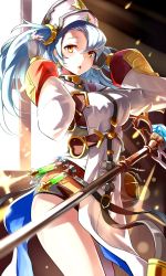 Rule 34 | 10s, 1girl, black gloves, blue hair, breasts, cowboy shot, emerane, female focus, fingerless gloves, gloves, granblue fantasy, hat, jewelry, large breasts, long hair, long sleeves, looking at viewer, open mouth, ring, shirt, solo, sophia (granblue fantasy), staff, tabard, test tube, thighs, twintails, yellow eyes