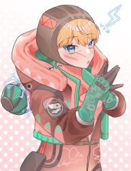 Rule 34 | 1girl, :o, animification, apex legends, blonde hair, blue eyes, bodysuit, botan sui, breasts, brown headwear, cable, electricity, gloves, green gloves, highres, hood, hooded jacket, jacket, lightning bolt symbol, looking at viewer, open mouth, own hands together, pink bodysuit, red bodysuit, red jacket, ribbed bodysuit, small breasts, solo, twitter username, upper body, wattson (apex legends)