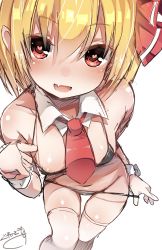 Rule 34 | 1girl, absurdres, ascot, bikini, black bikini, blonde hair, blush, fang, greatmosu, heart, heart-shaped pupils, highres, micro bikini, open mouth, red eyes, rumia, solo, string pull, swimsuit, symbol-shaped pupils, thighhighs, touhou, white background, white thighhighs