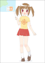 Rule 34 | 1girl, :d, blush, brown hair, hina (jwa), japan weather association, kani biimu, loafers, mascot, open mouth, pointer, red eyes, shirt, shoes, skirt, smile, socks, solo, sun symbol, t-shirt, twintails, weather, white socks