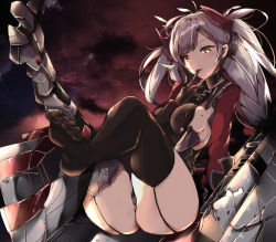 Rule 34 | 1girl, arm at side, azur lane, black gloves, black thighhighs, blush, braid, breasts, brown eyes, cloud, cloudy sky, finger to mouth, full body, garter straps, gloves, headgear, kyuu (plastic night q), long hair, looking at viewer, machinery, medium breasts, military, military uniform, mole, mole on breast, night, no pants, outdoors, parted bangs, prinz eugen (azur lane), rigging, sideboob, silver hair, sitting, sky, solo, thighhighs, thighs, toes, two side up, uniform, wing collar