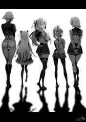 Rule 34 | 5girls, ass, breasts, child, dark-skinned female, dark skin, facing away, female focus, from behind, full body, garter straps, greyscale, hair ornament, hair ribbon, height difference, highres, large breasts, long hair, looking at viewer, looking back, monochrome, multiple girls, naruse maria, naruse mio, nonaka kurumi, nonaka yuki, novel illustration, official art, ookuma nekosuke, ponytail, ribbon, school uniform, shadow, shinmai maou no testament, short hair, siblings, sisters, standing, thighhighs, twintails, whale tail (clothing), zest
