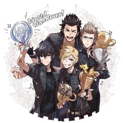 Rule 34 | 10s, 4boys, arm around shoulder, bird, black gloves, black hair, black shirt, blonde hair, blue eyes, brown hair, chick, chocobo, closed eyes, dirty, ebira, english text, final fantasy, final fantasy xv, fingerless gloves, freckles, game console, gameplay mechanics, gladiolus amicitia, gloves, ignis scientia, laurels, male focus, multiple boys, noctis lucis caelum, open clothes, open shirt, playstation symbols, prompto argentum, purple eyes, scar, scar across eye, scar on face, shirt, short hair, sparkle, trophy, white background