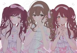 Rule 34 | 3girls, alstroemeria (idolmaster), bare shoulders, blush, bow, breasts, brown hair, cleavage, clothing cutout, collarbone, commentary request, curly hair, dress, dress flower, embarrassed, floral print, flower, hair bow, hair flower, hair ornament, hairband, hands in hair, hands up, highres, idolmaster, idolmaster shiny colors, kuwayama chiyuki, large breasts, light brown hair, looking at viewer, medium breasts, multiple girls, nanox03, osaki amana, osaki tenka, own hands together, patterned clothing, pink dress, see-through, see-through sleeves, shoulder cutout, siblings, sisters, smile, spoken blush, twins, twintails, white dress