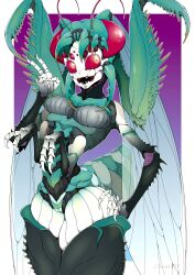 Rule 34 | 1girl, antennae, arthropod girl, carapace, claws, colored sclera, commentary request, extra arms, extra eyes, hand on own hip, hatsune miku, head wings, highres, insect wings, looking at viewer, monster girl, monsterification, red sclera, semiotto, signature, solo, v, vocaloid, wings, yellow eyes
