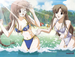 Rule 34 | 00s, 2girls, :d, ;d, aqua eyes, arms up, beach, bikini, blue bikini, blue sky, braid, brown hair, casual one-piece swimsuit, clenched hand, cloud, day, eye contact, floral print, front-tie top, glasses, grey hair, hair intakes, happy lesson, ichimonji mutsuki, leaning forward, lens flare, light rays, long hair, looking at another, megami magazine, mountain, multiple girls, navel, ocean, official art, official wallpaper, one-piece swimsuit, one eye closed, open mouth, orange eyes, outdoors, outstretched arms, outstretched hand, palm tree, parted bangs, print swimsuit, profile, sanzein yayoi, sanzen&#039;in yayoi, side-tie bikini bottom, sidelocks, single braid, sky, smile, sparkle, splashing, standing, sun, sunbeam, sunlight, swimsuit, tree, umbrella, very long hair, wading, wallpaper, watanabe mayumi, water, watermark, wince, wink