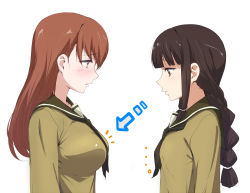 Rule 34 | ..., 10s, 2girls, arrow (symbol), blush, braid, breast envy, brown eyes, brown hair, highres, kantai collection, kitakami (kancolle), line of sight, long hair, looking at another, looking at breasts, multiple girls, ooi (kancolle), personification, school uniform, serafuku, shounan ruizu, sidelocks, simple background, white background
