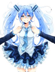Rule 34 | 1girl, bad id, bad pixiv id, blue eyes, blue hair, detached sleeves, hatsune miku, long hair, matching hair/eyes, necktie, outstretched arms, pecchii, simple background, skirt, snowflakes, solo, spread arms, thighhighs, twintails, vocaloid, white background, yuki miku